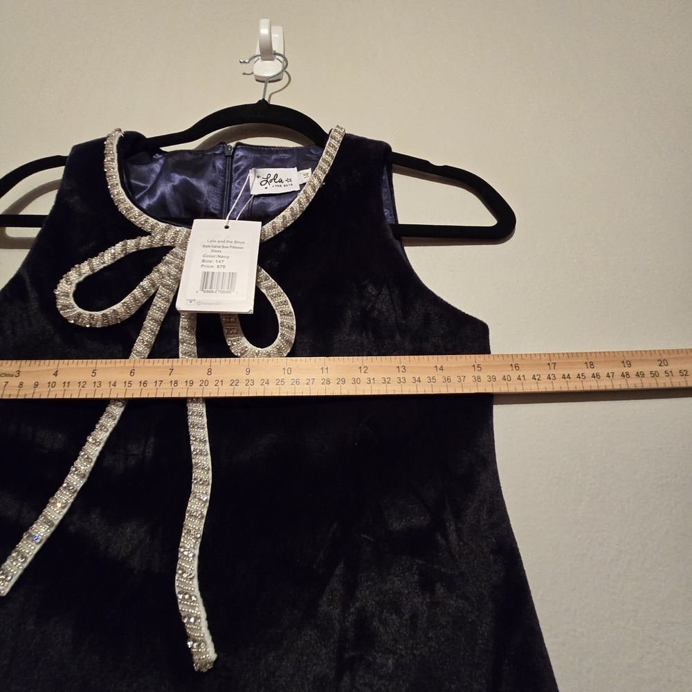 Lola & The Boys NWT Velvet Bow Princess Dress Girls Sz 14 Navy Beaded Lined NEW - Picture 9 of 11